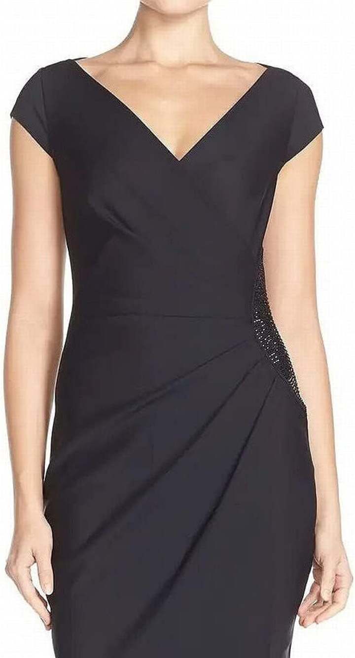 Alex Evenings Elizabeth Cap Sleeve Formal Gown Side Bead Detail, Black, 14 NWOT